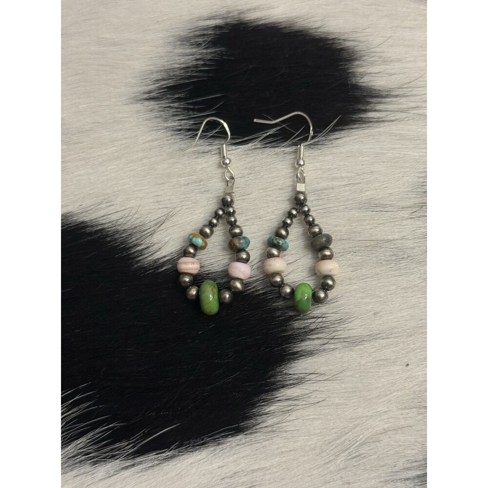 Native American Sterling Silver Navajo Pearl Pink Conch Turquoise Green Earrings - Picture 3 of 7